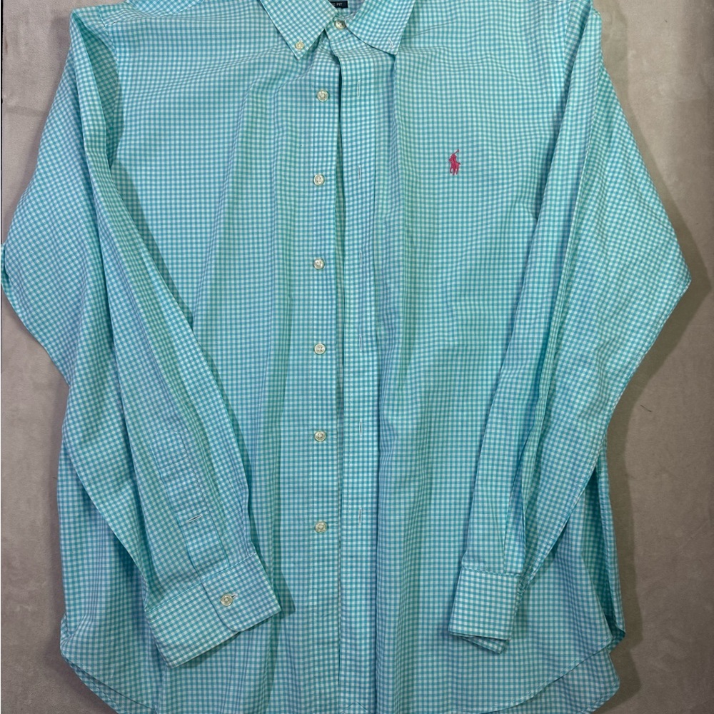 Ralph Lauren Mint Green Gingham Button-Down Shirt with Pink Pony